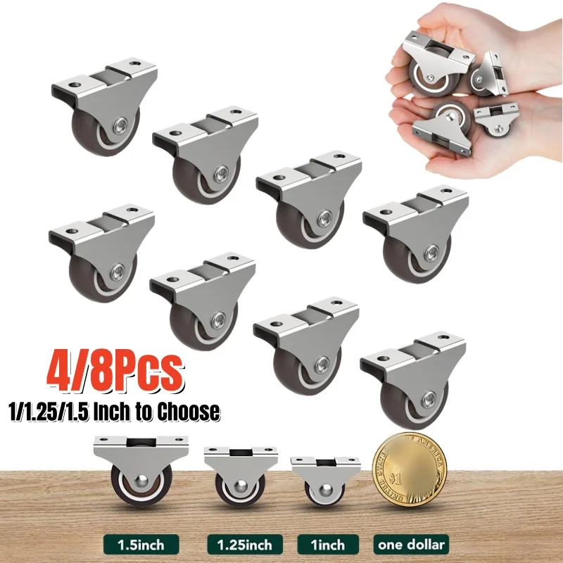 1/1.25/1.5" Rubber Caster Wheels,4/8pcs Mini Rigid Fixed Caster,Quiet Rolling Castors,Low Profile Casters,DIY Furniture Pulley