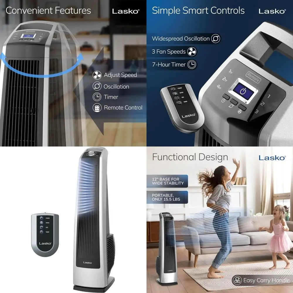 35 Oscillating Tower Fan with Remote, Timer, 3 Speeds for Bedroom, Garage, Basement, Gym