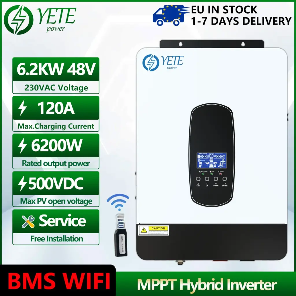YETE 6.2KW 4.2KW Hybrid Solar Inverter On Grid Pure Sine Wave Inverter 48V 230V Dual Output with MPPT 120A Solar Charger WIFI