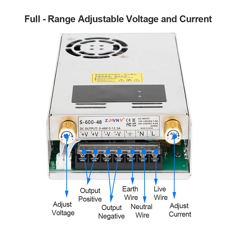 600W Adjustable Switching Power Supply with Dual Digital Display AC-DC 12~220V CC CV for Industrial Automation and Control Field