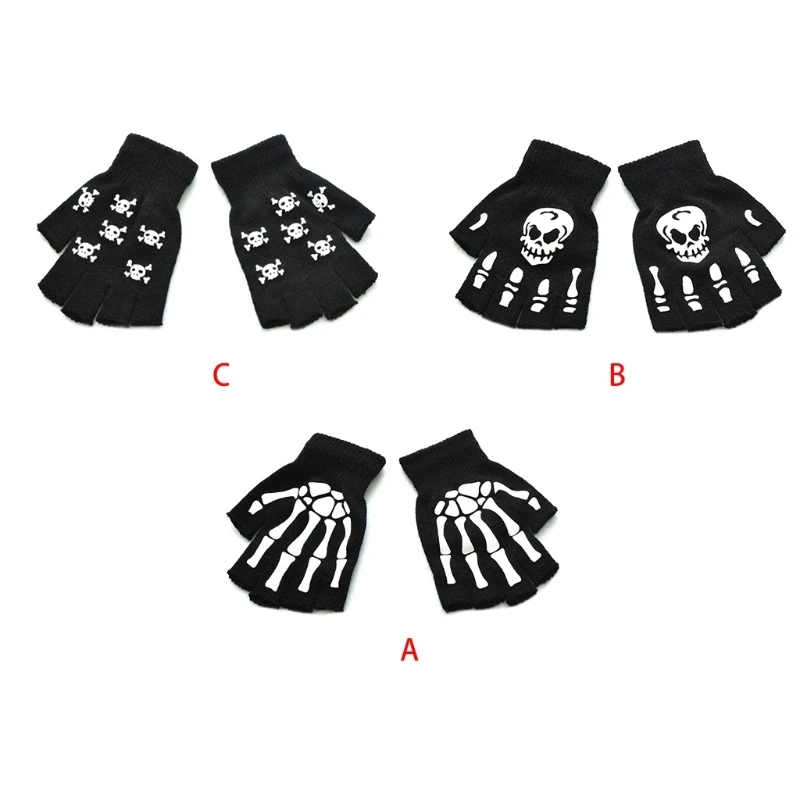 652F 1 P Halloween Stretch Knitted Half Finger Gloves Winter Warm Luminously Glow in The Dark Skull Skeleton Cycling Mittens