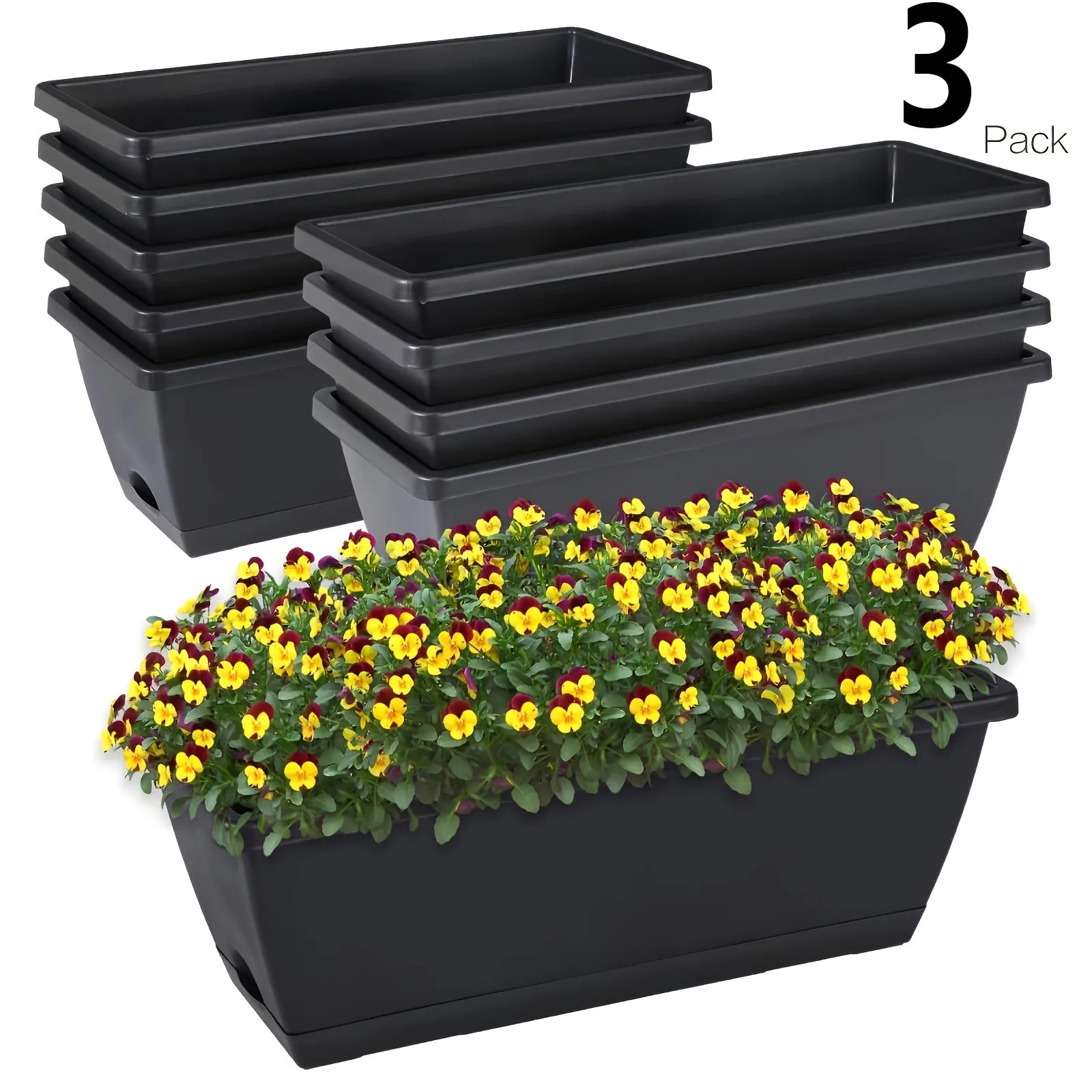 3 Pieces Window Box Planter Rectangle Plant Containers Decors with Drainage Holes Flower Pot Plant Pot for Outdoor Garden Home