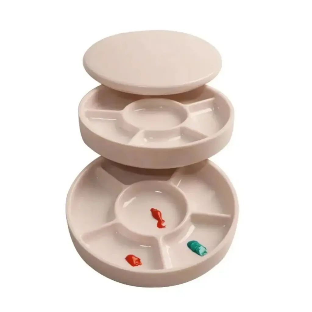 Imitation Porcelain Round Palette with Lid Acrylic Watercolor Painting Multifunctional White Paint Tray Artist Supplies