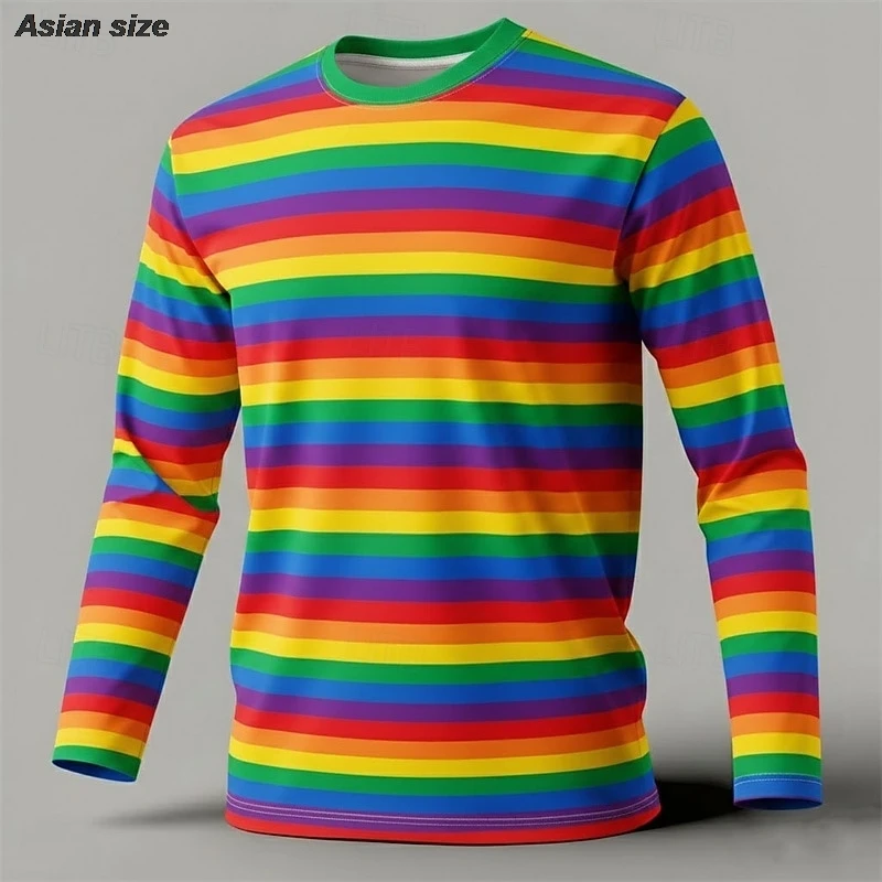Men's T Shirt Long Sleeve T-shirt Crew Neck Spring Fall Stripes Streetwear Stylish Casual Outdoor Carnival Rainbow Top for Men