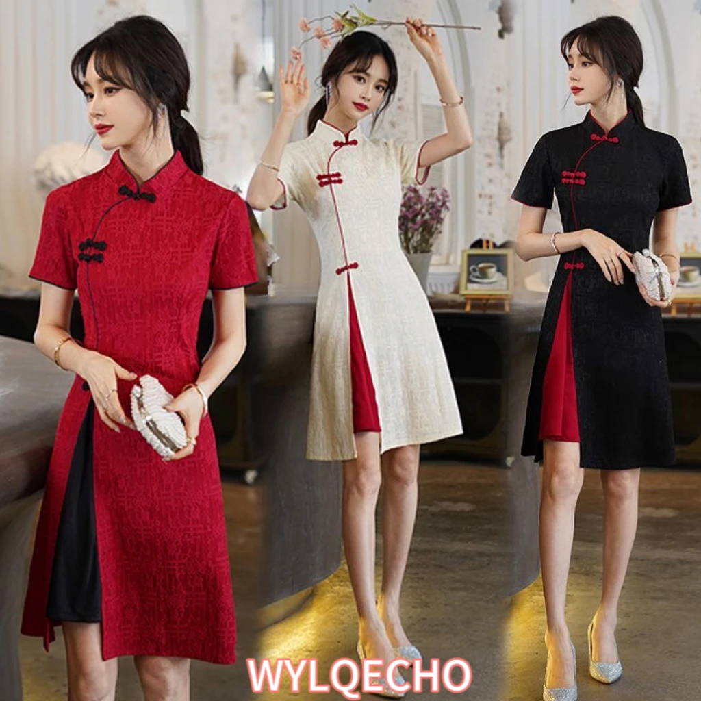 Vintage Chinese Traditional Casual Party Women Qipao Dress Summer Stand Collar Short Sleeve Cheongsam