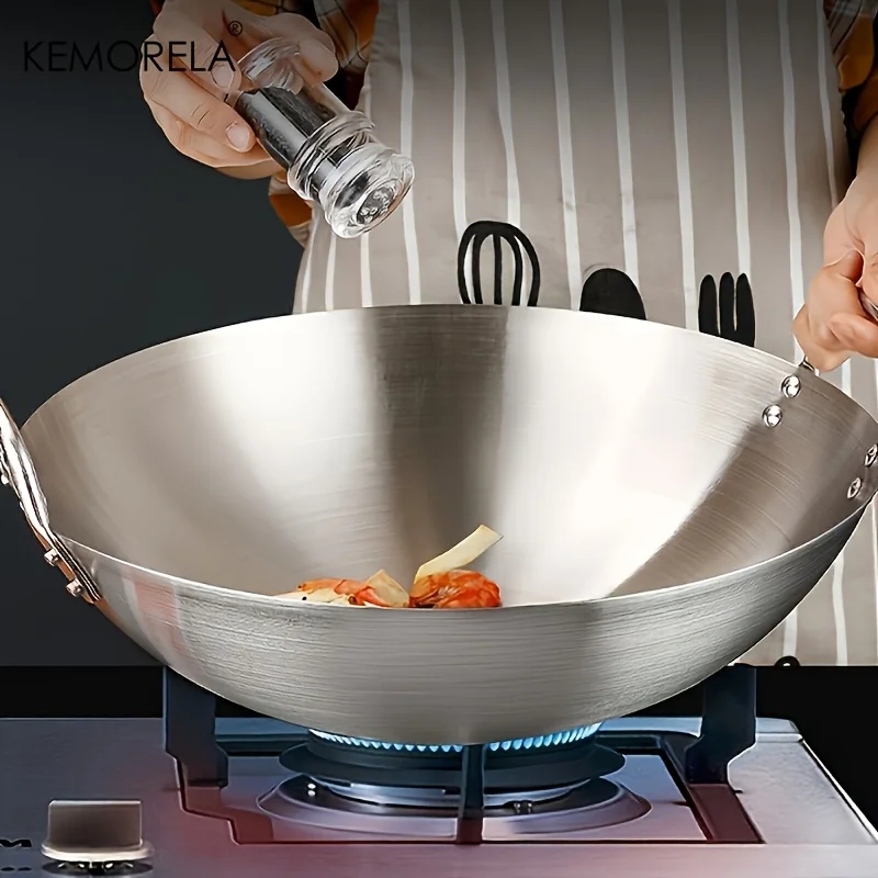 1PCS Stainless Steel Wok Uncoated 26/28/30/32/34cm High Quality Double Handle Chef Pan Suitable for Home Stir-fried beef Cooking