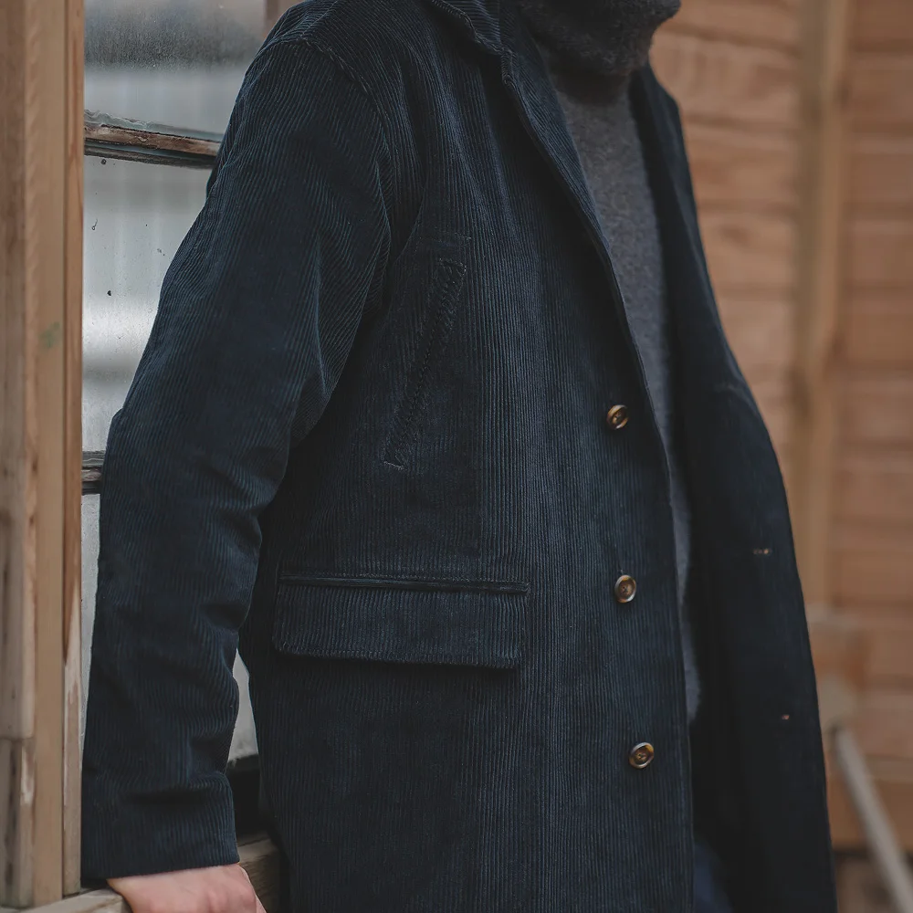 Maden Autumn and Winter Vintage Windbreaker Men's Black Corduroy Coat Mid-length Striped Coat Men Retro Trench Solid Overcoat