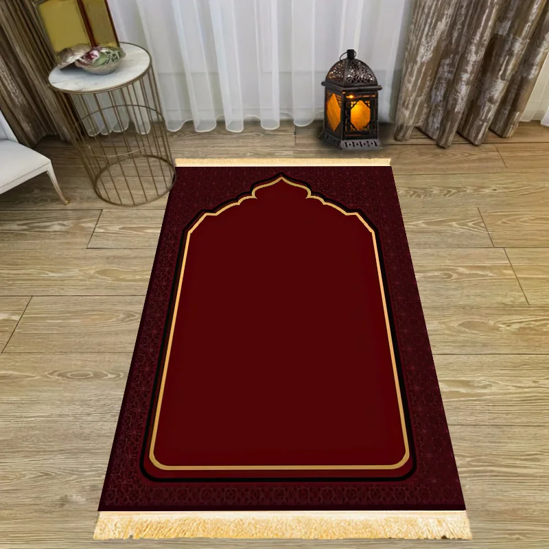 VIKAMA Burgundy Prayer Rug with Gold Trim Arch Design Muslim Prayer Mat Portable Carpet for Bedroom Living Room Travel D