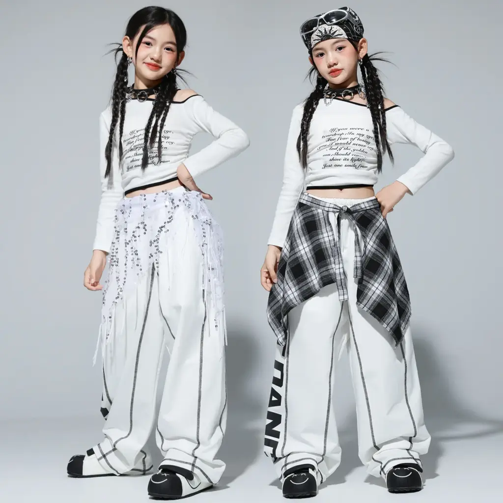 Girls K-pop Off Shoulder Crop Top Street Dance Pants Girl Group Clothes Set Kids Jazz Cute Costume Children Hip Hop Streetwear