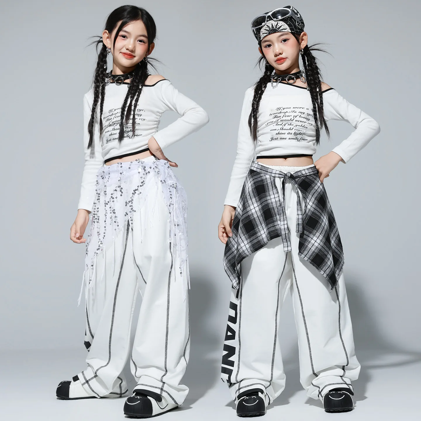 Girls K-pop Off Shoulder Crop Top Street Dance Pants Girl Group Clothes Set Kids Jazz Cute Costume Children Hip Hop Streetwear