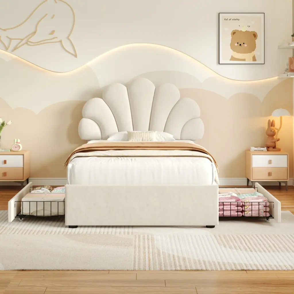 PINGGO 3ft Single Upholstered Bed Soft Velvet Bed Frame with 2 Storage Drawers Solid Wood Slat Easy Assembly (No Mattress)