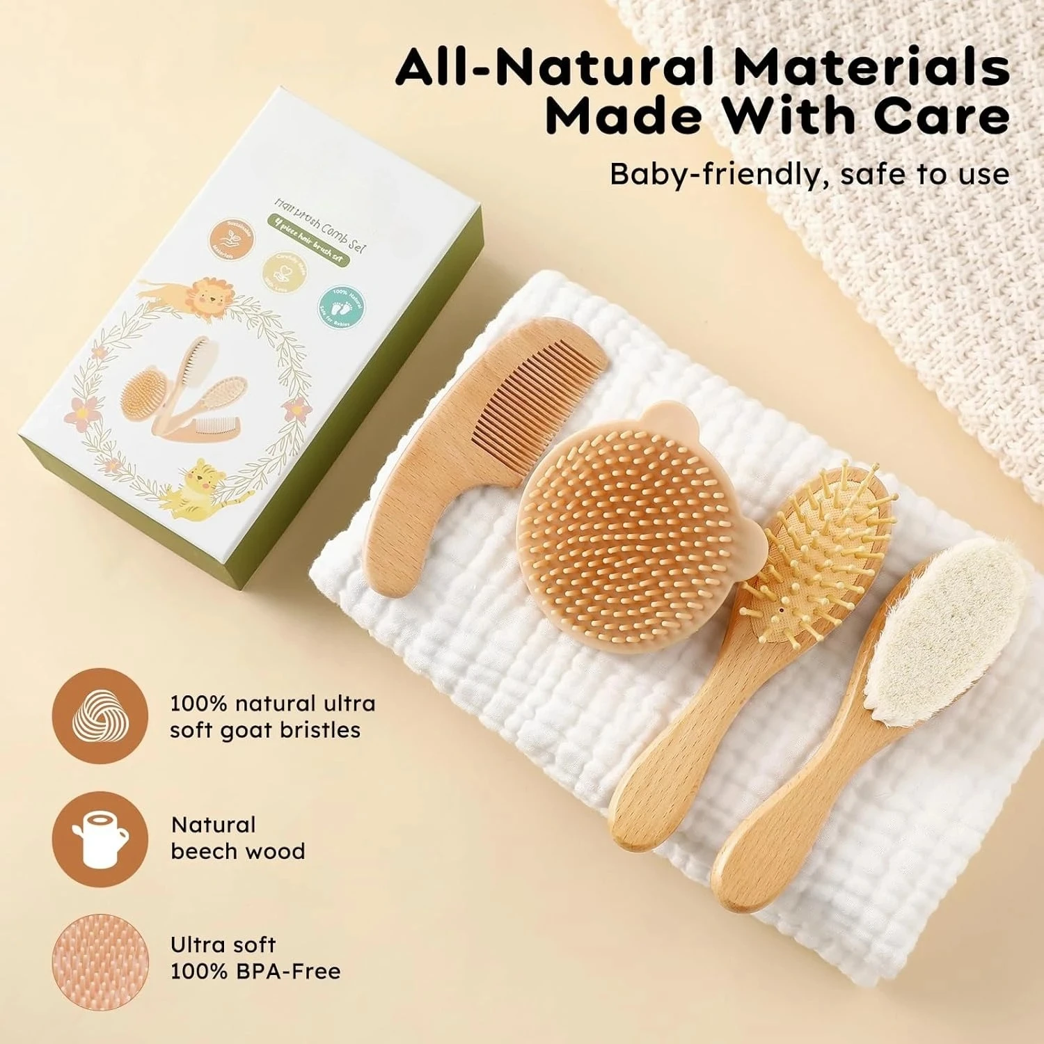 4-Piece Baby Hair Brush Comb Set Natural Wooden Ultra-Soft Goat Bristle Newborn Massage Brush Kit for Boys & Girls