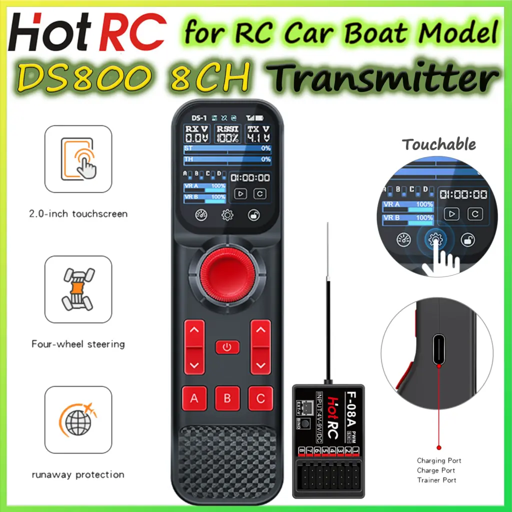 NEW HOTRC DS-800 8CH 2.4G Radio System Transmitter Touchable Color Screen Remote Control F-08A F-08AT Receiver DS800 for RC Boat
