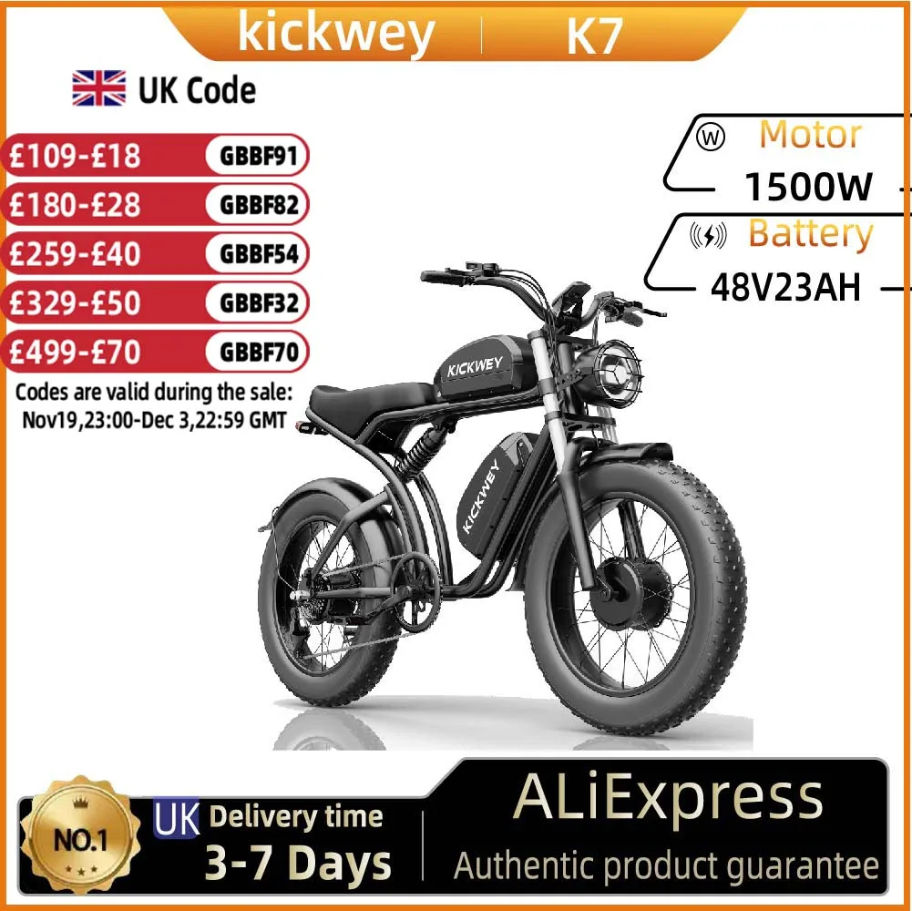 KICKWEY K7 Adult Electric Bicycle 1500W Motor E-bike 48V23Ah Battery Electric Bike 20 Inch Fat Tire Men's E-Mountain Bike