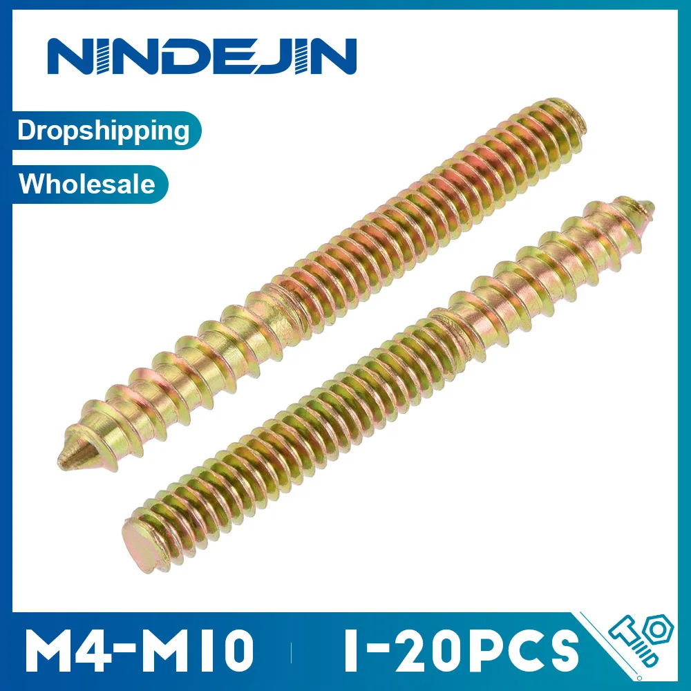 NINDEJIN Hanger Bolts Double Headed Yellow Zinc Plated M4 M5 M6 M8 M10 Dowel Screw Self-Tapping Screw for Wood Furniture