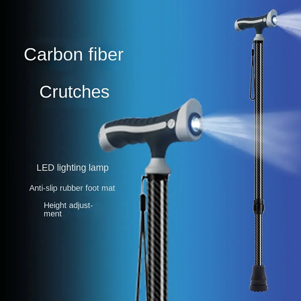 Carbon Fiber crutches for Walking Stick with Light Elderly Hiking Cane Night Lighting Stretchable cane with lamp for Walking Saf