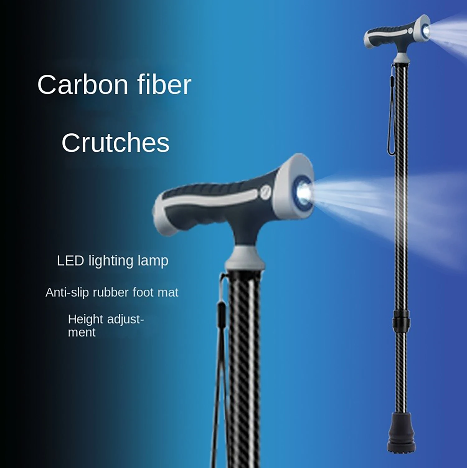 Carbon Fiber crutches for Walking Stick with Light Elderly Hiking Cane Night Lighting Stretchable cane with lamp for Walking Saf