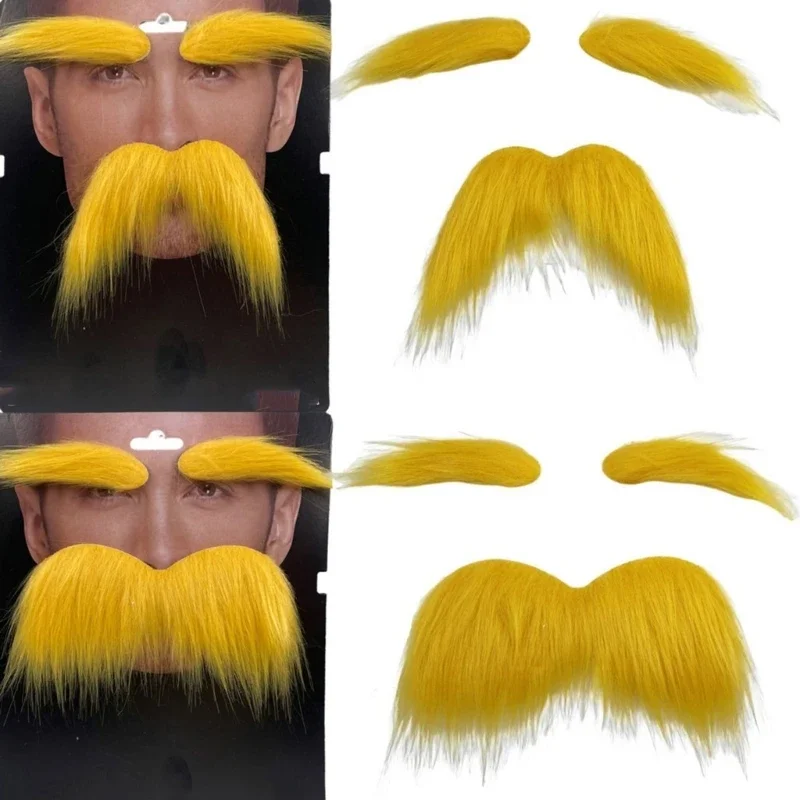 Yellow Mustache and Eyebrows Set Self Adhesive Beard Moustache Halloween Cosplay Costume Accessories for Kid Adult