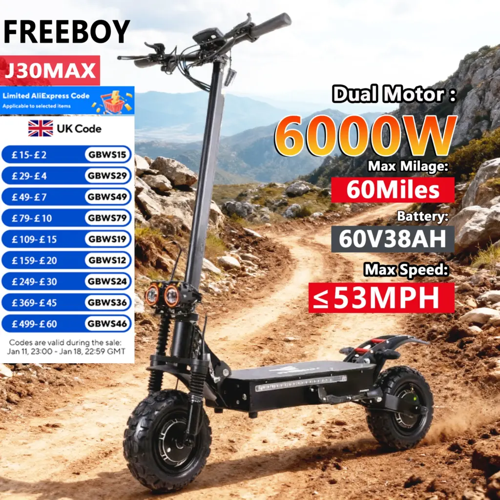 FREEBOY J30Max OFF-ROAD E-Scooter 3000W*2 Dual Motor, 60V38AH Battery, 11" Tires Electric Scooter Foldable E-Mountain Scooter
