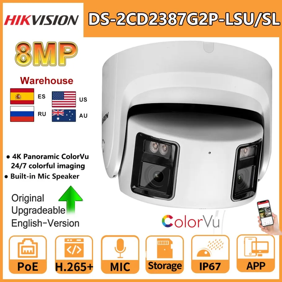 Hikvision IP Camera 8MP Panoramic ColorVu Turret DS-2CD2387G2P-LSU/SL 4K Security Double Lens Color Night Built-in Mic Speaker