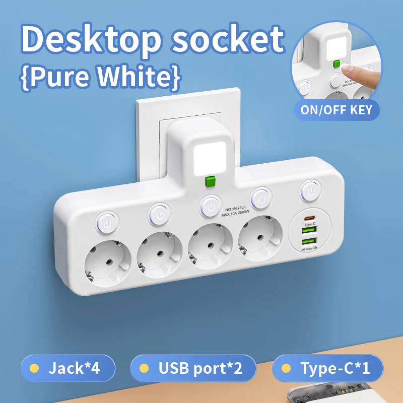 EU Plug AC Outlet Power Strip Multiprise Wall Socket Universal Network Filter USB Cherger Separate Switch Light Adapter