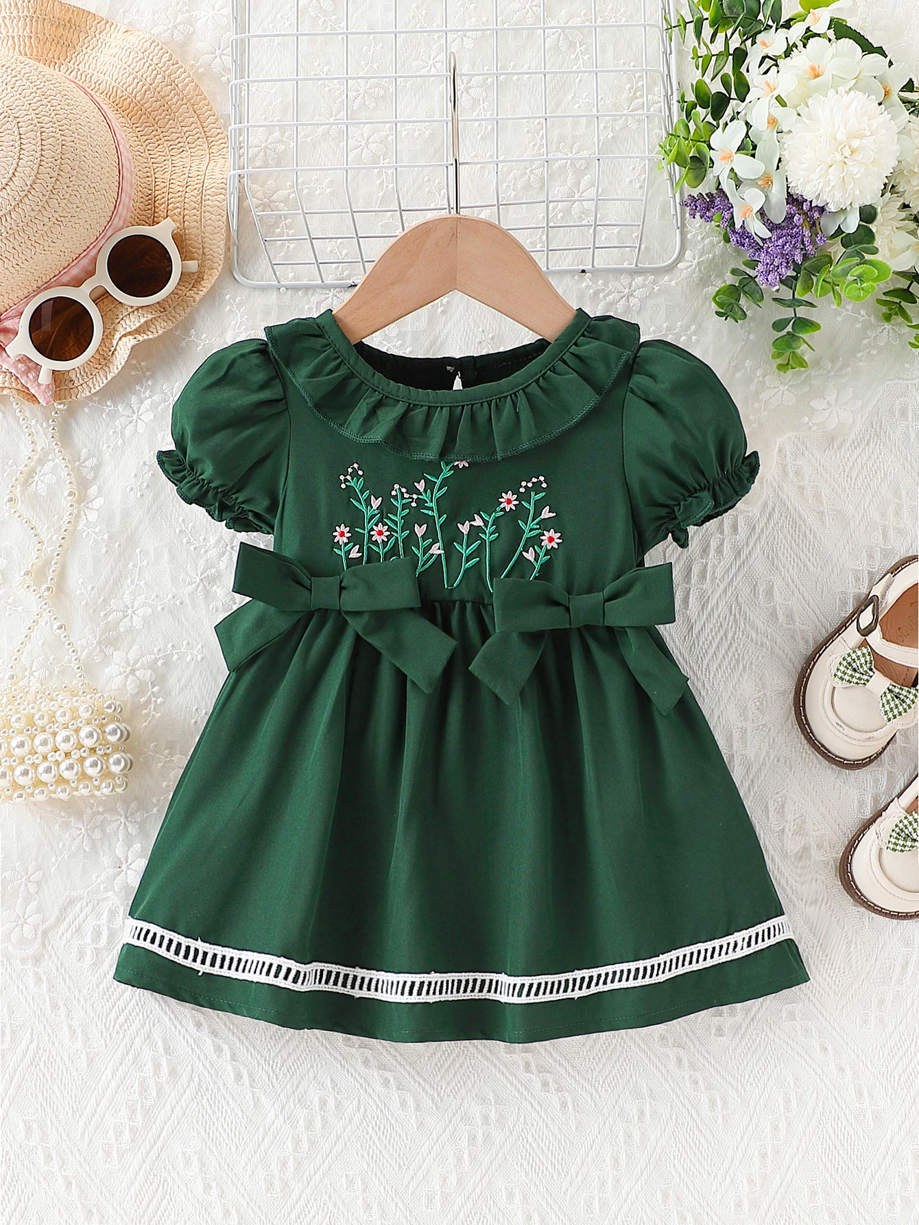 Baby Girl Fashion Puff Sleeve Princess Dress Embroidered Flower Dress Green