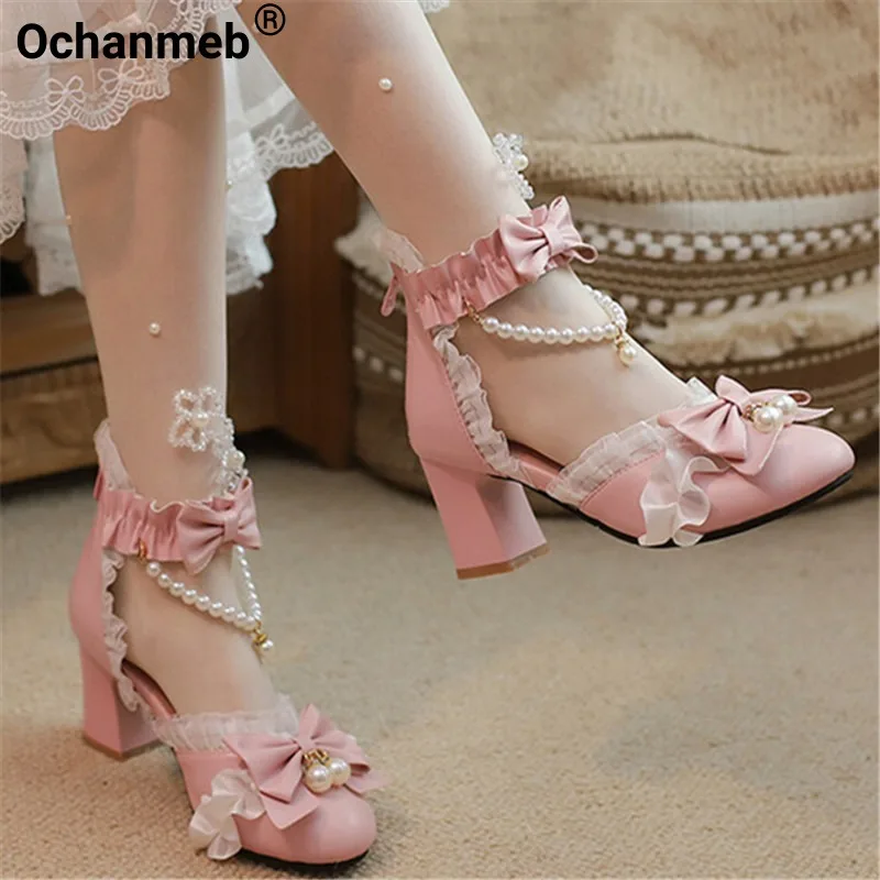 Ochanmeb Sweet Kawaii Girls Lolita Shoes Thick High Heels Cosplay Pumps Bow Knot Pearls Chain Ruffles Lovely Wedding Party Pumps