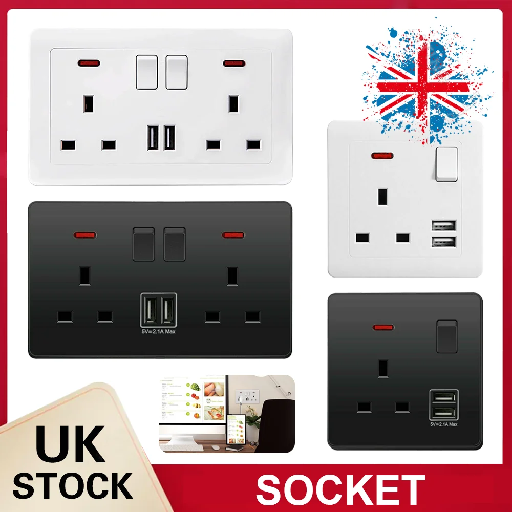 Dual-Wall Plug Socket, 2-Gang, 13A with 2 USB Charging Ports and Flat Plate - UK Standard