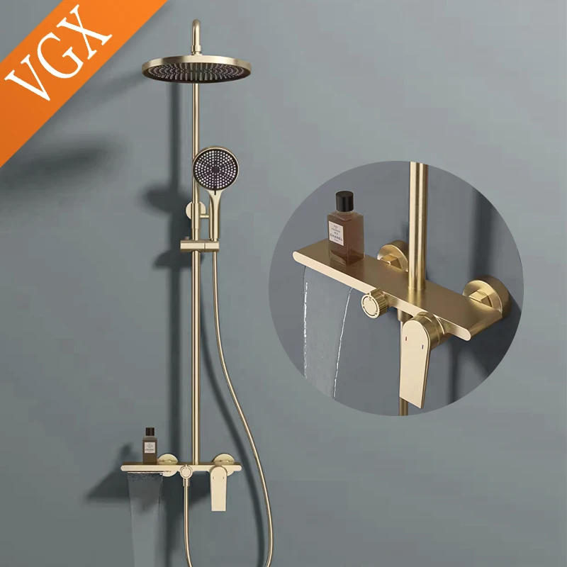 VGX Shower System Set Bathroom Shower Faucet Set 3-way Rainfall Shower Set Shower Mixer Crane with Hand Shower Set Gold Black