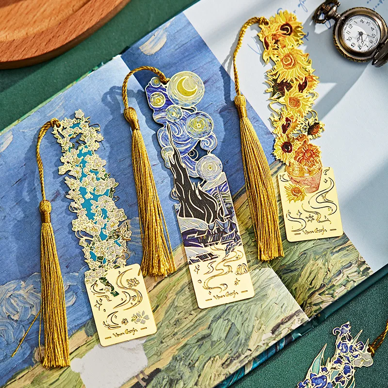 Van Gogh Oil Painting Style Bookmark Vintage Metal Book Page Book Decoration Tassels Bookmarks Student Office Supplies