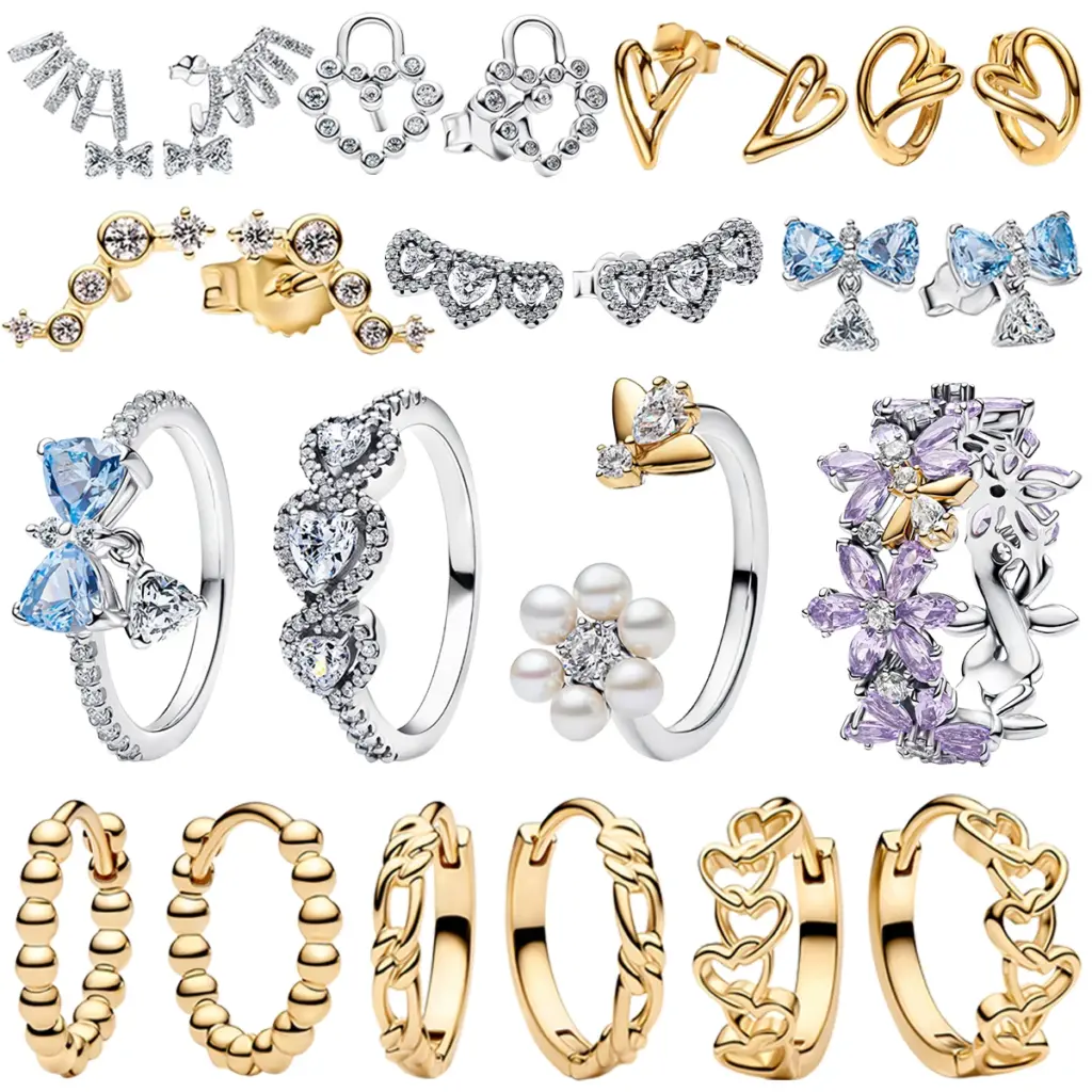 2026 925 Silver Shiny Diamond Blue Gem Golden Stud Earrings Flower Heart Rings Bow Bracelet Necklace for Woman Fine Jewelry Set