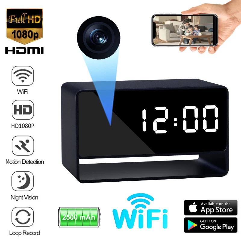 1080P WiFi Camera Digital Clock Mini Camera Night Vision APP WIFI Remote Monitoring Camcorder 140 Degree Home Safety Live Camera
