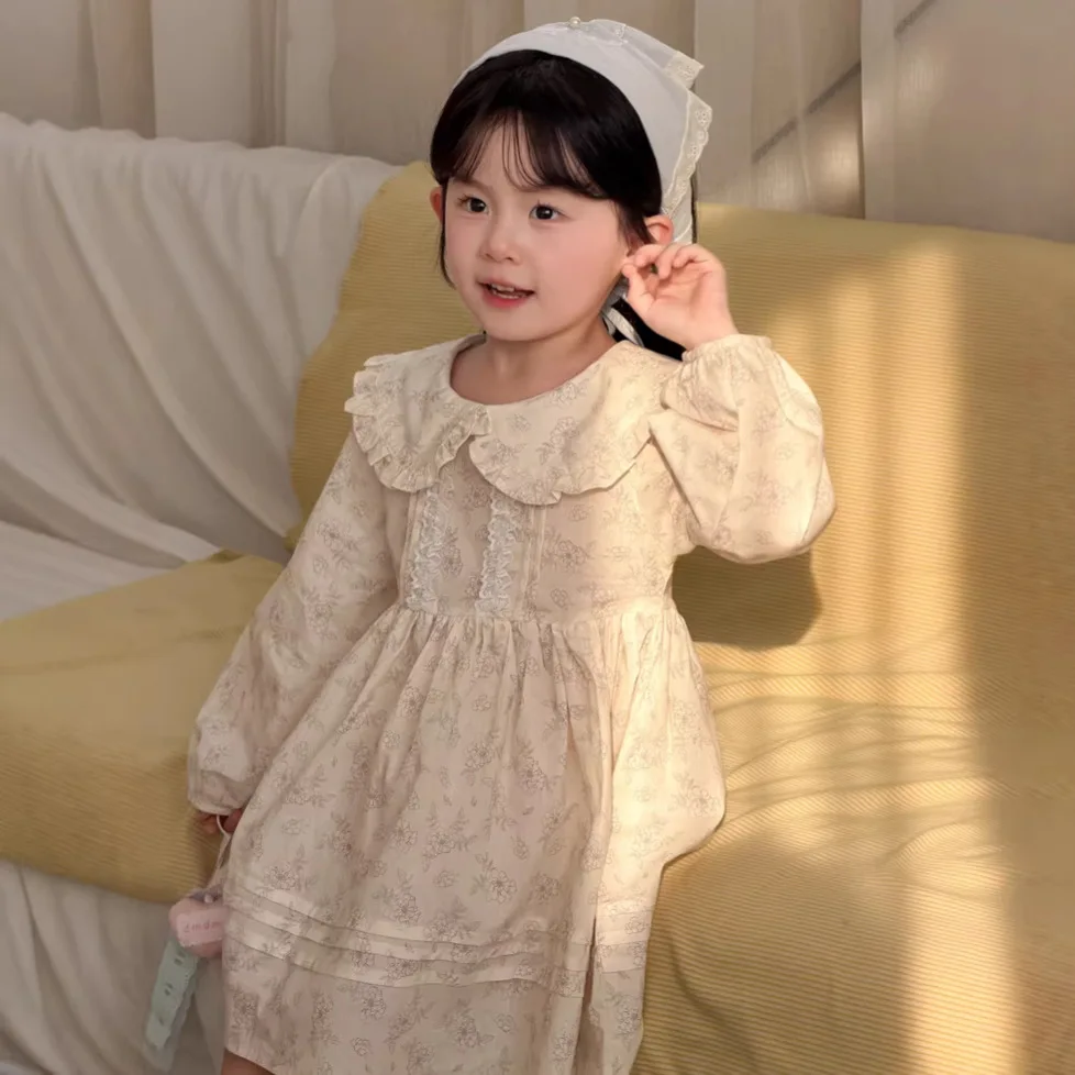 RAISE Spring Kid Girl Princess Dress Cotton Floral Print Infant Baby Girl Dress Peter Pan Collar Todddler Girl Dress Belle Dress