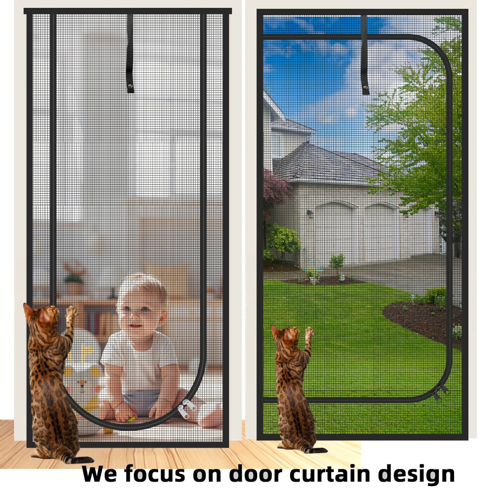 Reinforced Mesh Screen Zipper Closure 32''x 82'' Keep Pet Cat In&Out Door Curtain Anti-mosquito for Living Room Bedroom Kitchen