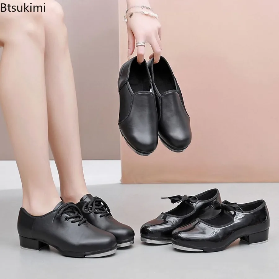 Unisex Elastic Opening Straight Sole Tap Dance Shoes Women Black Imitation Leather Sneakers Step Dance Shoes Children Large Size