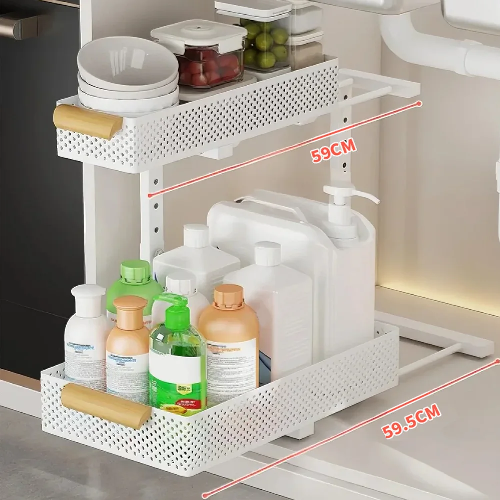 Kitchen Under Sink Organizer, 2 Tier Slide Out Sink Shelf Height Adjustable Pull Out Carbon Steel Cabinet Storage For Bathroom