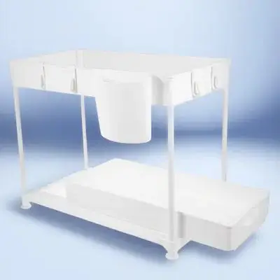 2-Tier Retractable Sink Storage Rack Expandable Kitchen Cabinet Organizer Pull Out Drawer for Spice Bottles and Condiments