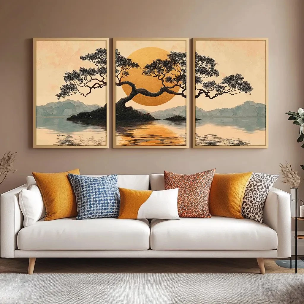 3PC Japanese Forest Nature Artpiece, Abstract Floral Triptych Art, Modern Art Piece for Living Room, Wall Art for Hall or Office