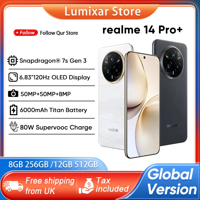 realme 14 Pro+ 5G Global Version Snapdragon® 7s Gen 3 6.83" OLED 6000mAh (typ) 80W SUPERVOOC Charge 50MP Camera realme UI 6.0