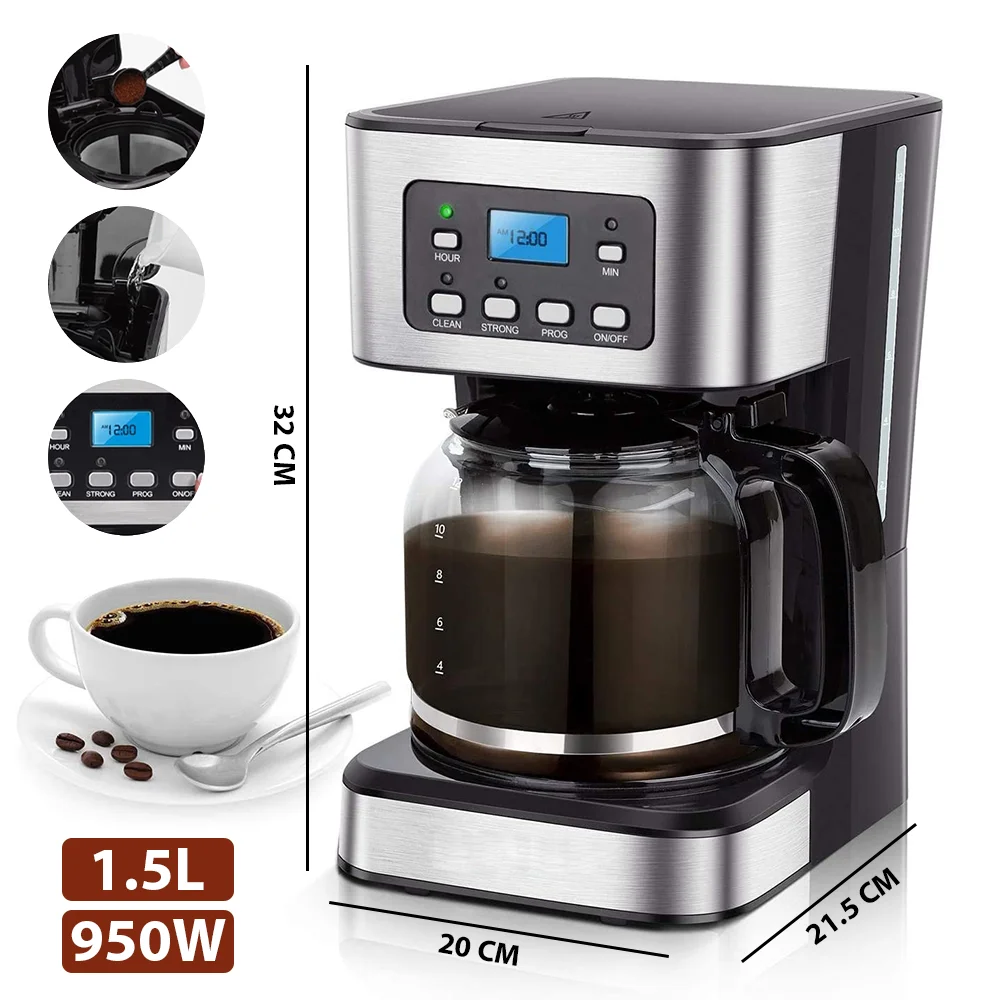 Coffee Maker with Timer, America Drip Coffee Machine, 900ml Glass Teapot, 950W 1.5L Filter Coffee Maker Anti-drip, Visible Water