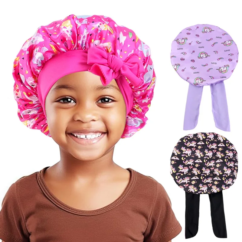 New Kids Unicorn Pattern Satin Bonnet Wide Elastic Band Sleeping Cap for Curly Natural Hair Child Night Caps Toddler Shower Cap