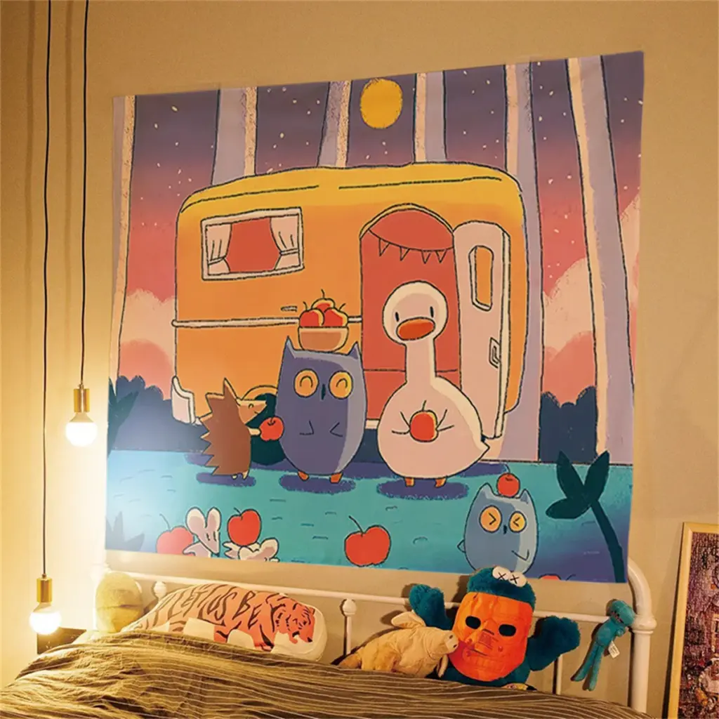 Cute Ducks in Rainy Day Tapestry - Kawaii Cartoon Animal Wall Hanging for Kids Bedroom Nursery Cozy Dorm Decor