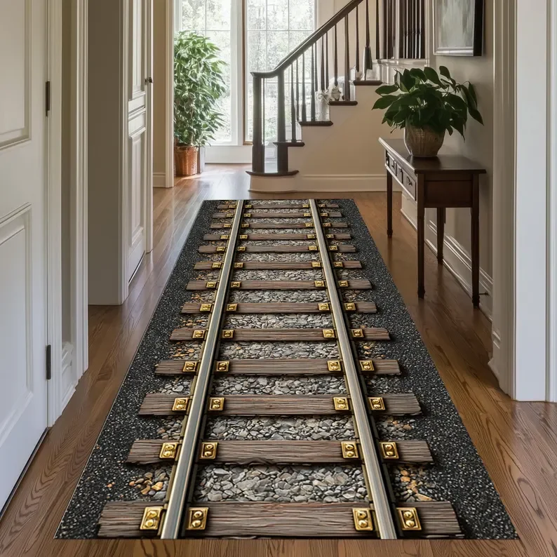 1pc Carpet Runner Floor Mat Visual Art Train Track Rectangular Carpet in Living Room Aisle Kitchen and Bathroom Bedroom Rugs