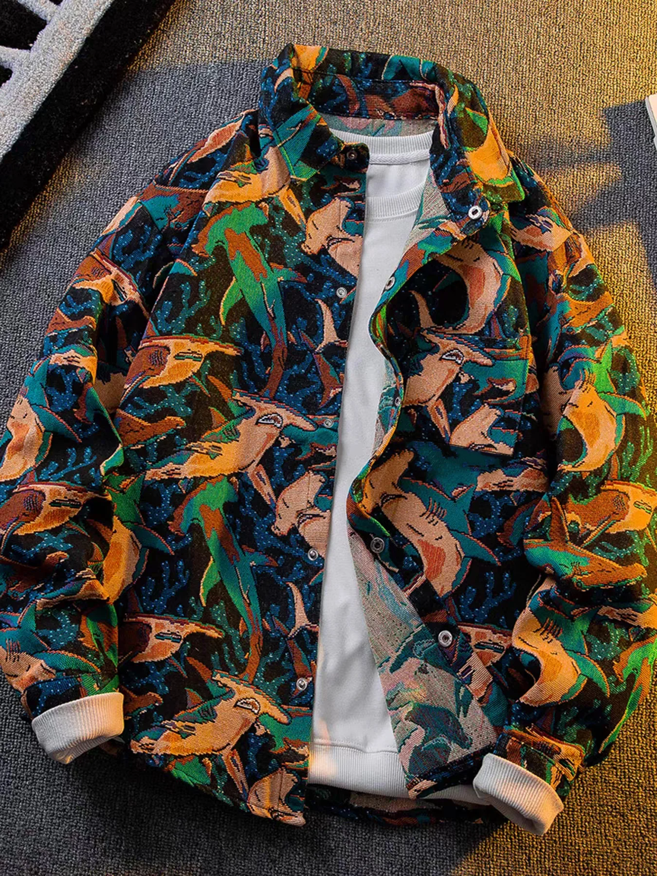 Men's autumn painted ethnic style woven jacquard shirt jacket top men's trendy ruffian handsome casual jacket