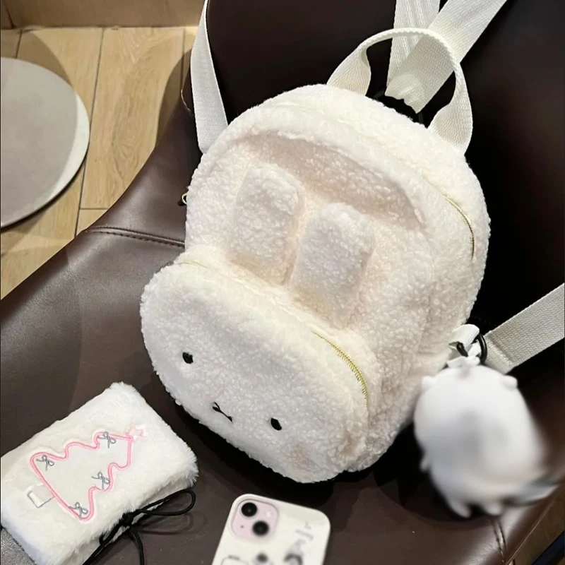 Miffy Plush Backpack Cute Embroidery Lamb Fur Kawaii JK Style for Women Adjustable Strap & Furry Design Crossbody School Bag