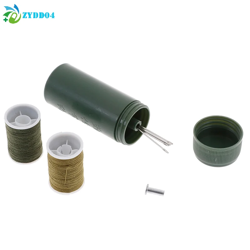 ●1Set Mini Needles Craft Sewing Box Green Portable Sewing Kit Cylinder Case for Outdoor Travel with Threads Punch Needle