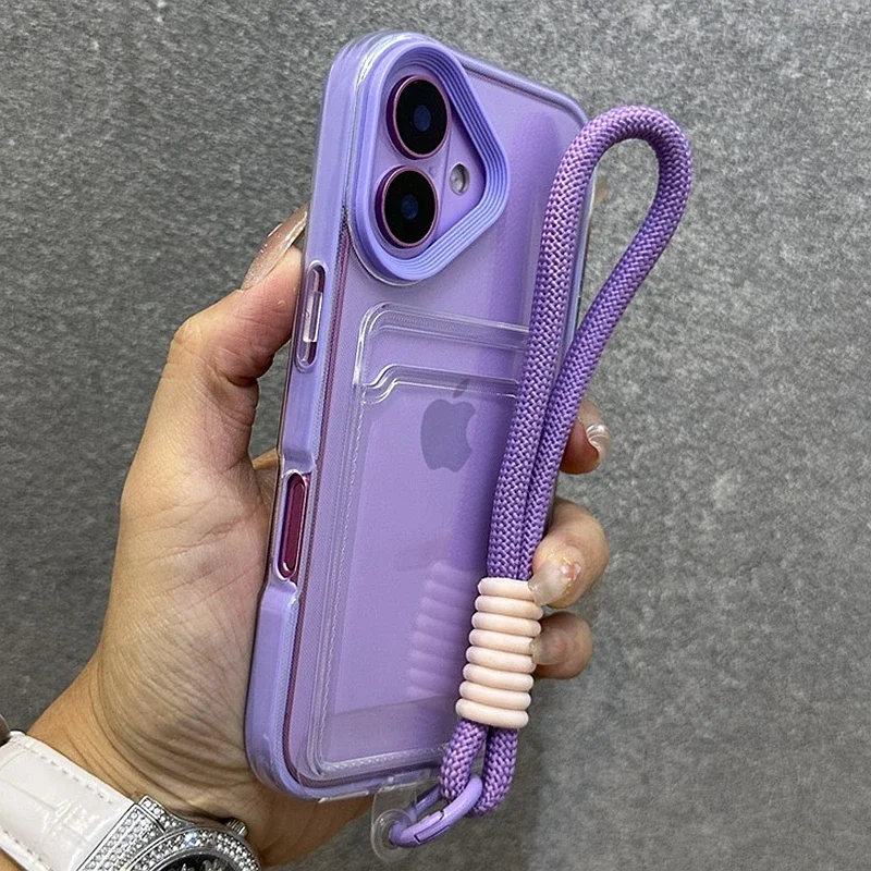 Luxury Card Bag With lanyard Phone Case For iPhone 11 12 13 14 15 16 17 Pro Max Plus Air Transparent Shockproof Bumber Cover