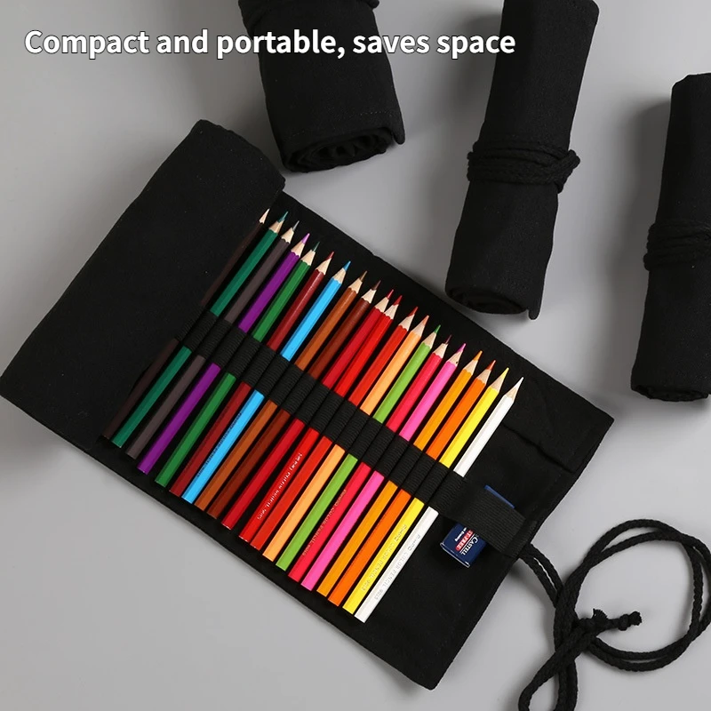 24/36/48/72 Hole Black Roll Pencil Pen Bag Students Pen Curtain Case Colored Pencils Wrap Holder Storage Pouch School Supplies