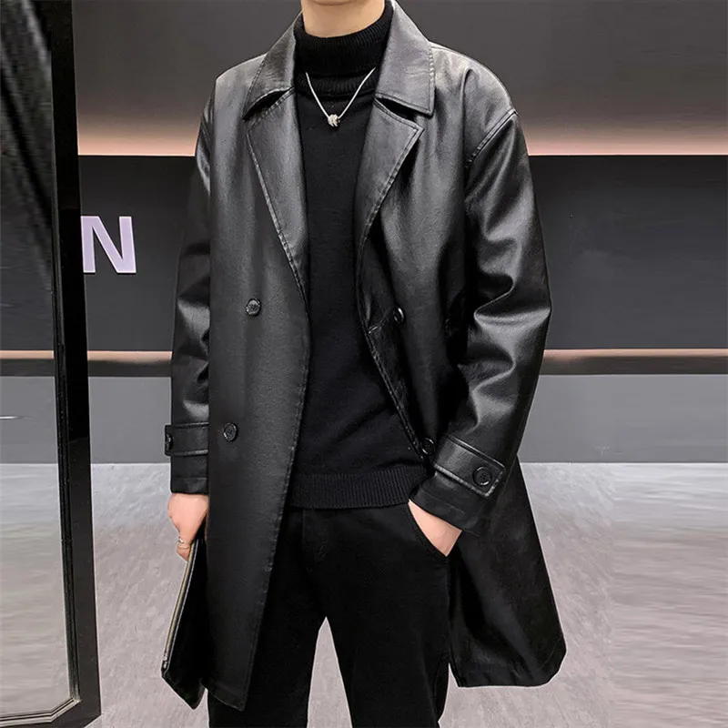 Winter Thick Long Leather Jackets Men PU Trench Coats Solid Turn Down Collar Warm Business Casual Leather Jacket Man Windbreaker