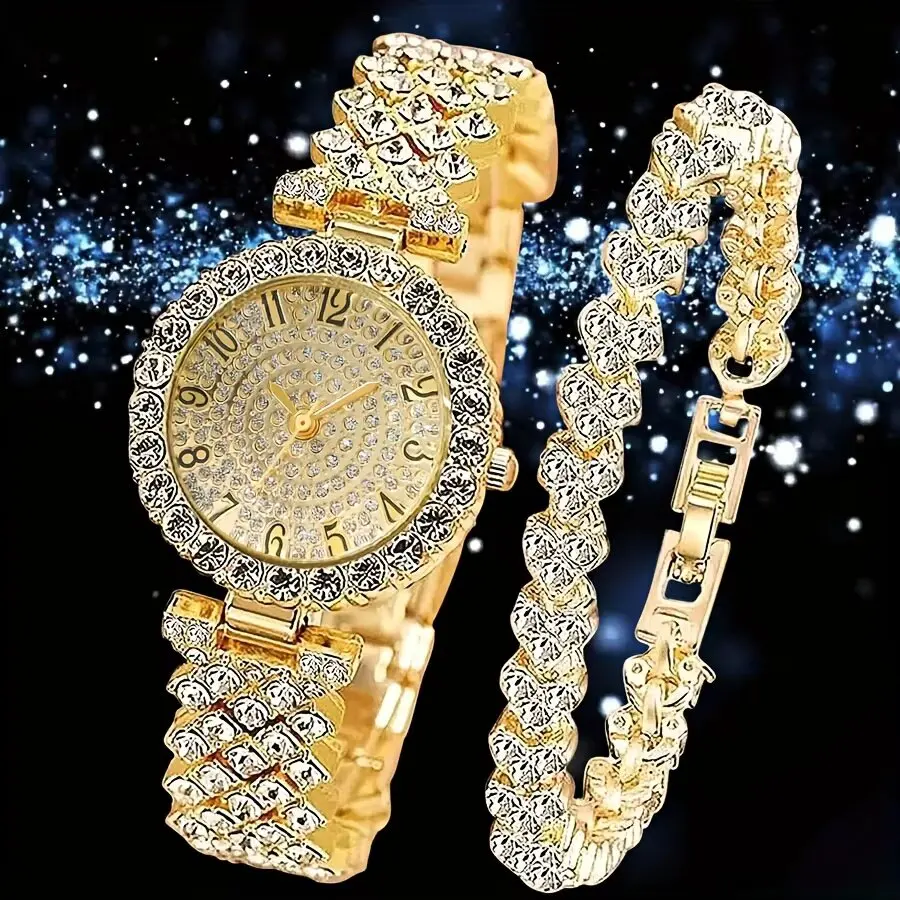 2PCS Luxury Rhinestone Women Watches Fashion Bracelet Strap Ladies Quartz Watch Set Relogio Feminino Reloj Mujer